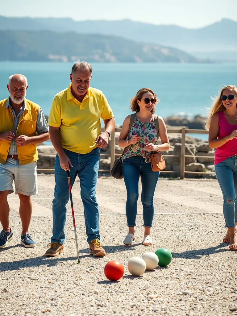 An image depicting a diverse group of adults playing a friendly game of pétanque in a local park, highlighting the social and recreational aspect of the activity.