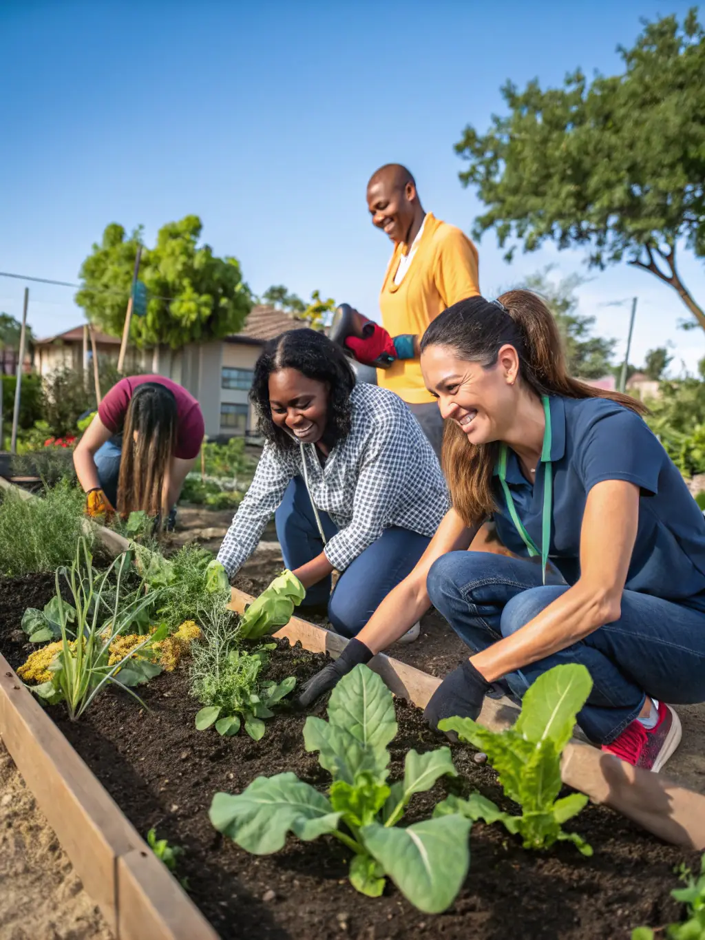A group of volunteers planting flowers in a community garden, symbolizing community support and environmental stewardship.